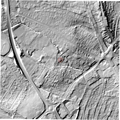 Shaded relief map of the ground around NG156UZ, computed from Environment Agency LiDAR. The ground here sits at about 93 m above sea level and falls 22 m across the surrounding 800 m. Surface water reaching this point runs off ground lying to the west, 8.3 m higher.