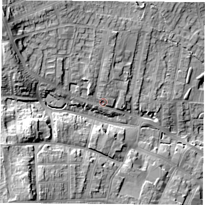 Shaded relief map of the ground around NG157AB, computed from Environment Agency LiDAR. The ground here sits at about 84 m above sea level and falls 25 m across the surrounding 800 m. Surface water reaching this point runs off ground lying to the north-west, 11.8 m higher.
