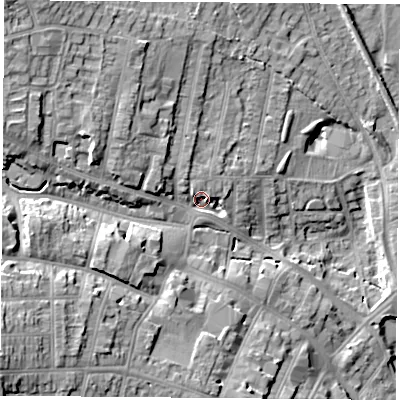 Shaded relief map of the ground around NG157AP, computed from Environment Agency LiDAR. The ground here sits at about 79 m above sea level and falls 22 m across the surrounding 800 m. Surface water reaching this point runs off ground lying to the west-north-west, 12.0 m higher.