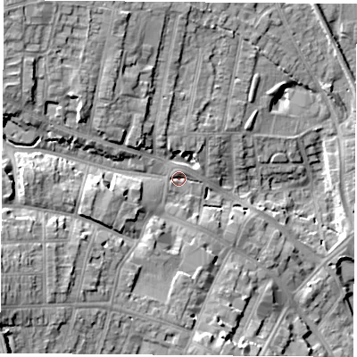 Shaded relief map of the ground around NG157AQ, computed from Environment Agency LiDAR. The ground here sits at about 79 m above sea level and falls 21 m across the surrounding 800 m. Surface water reaching this point runs off ground lying to the west-north-west, 10.0 m higher.