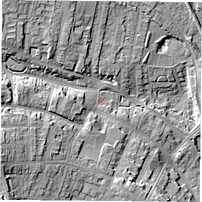 Shaded relief map of the ground around NG157AS, computed from Environment Agency LiDAR. The ground here sits at about 79 m above sea level and falls 23 m across the surrounding 800 m. Surface water reaching this point runs off ground lying to the west-south-west, 15.1 m higher.