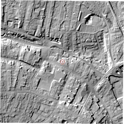 Shaded relief map of the ground around NG157AX, computed from Environment Agency LiDAR. The ground here sits at about 80 m above sea level and falls 20 m across the surrounding 800 m. Surface water reaching this point runs off ground lying to the south-west, 5.7 m higher.