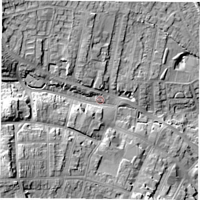 Shaded relief map of the ground around NG157AZ, computed from Environment Agency LiDAR. The ground here sits at about 80 m above sea level and falls 24 m across the surrounding 800 m. Surface water reaching this point runs off ground lying to the west, 13.1 m higher.
