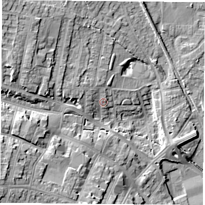 Shaded relief map of the ground around NG157BE, computed from Environment Agency LiDAR. The ground here sits at about 78 m above sea level and falls 21 m across the surrounding 800 m. Surface water reaching this point runs off ground lying to the west-north-west, 4.1 m higher.