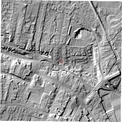 Shaded relief map of the ground around NG157BG, computed from Environment Agency LiDAR. The ground here sits at about 77 m above sea level and falls 21 m across the surrounding 800 m. Surface water reaching this point runs off ground lying to the west-north-west, 10.9 m higher.