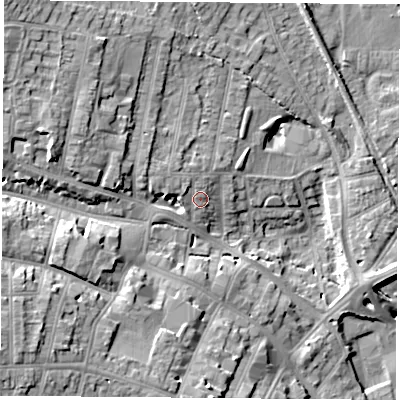 Shaded relief map of the ground around NG157BH, computed from Environment Agency LiDAR. The ground here sits at about 80 m above sea level and falls 21 m across the surrounding 800 m. Surface water reaching this point runs off ground lying to the west-north-west, 2.6 m higher.