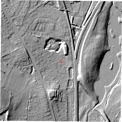Shaded relief map of the ground around NG157EX, computed from Environment Agency LiDAR. The ground here sits at about 57 m above sea level and falls 20 m across the surrounding 800 m. Surface water reaching this point runs off ground lying to the north-west, 12.3 m higher.