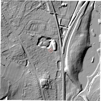 Shaded relief map of the ground around NG157EY, computed from Environment Agency LiDAR. The ground here sits at about 57 m above sea level and falls 20 m across the surrounding 800 m. Surface water reaching this point runs off ground lying to the north-west, 13.3 m higher.