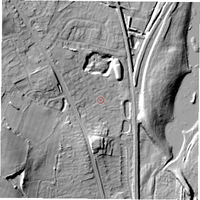 Shaded relief map of the ground around NG157EZ, computed from Environment Agency LiDAR. The ground here sits at about 57 m above sea level and falls 21 m across the surrounding 800 m. Surface water reaching this point runs off ground lying to the west-south-west, 15.8 m higher.