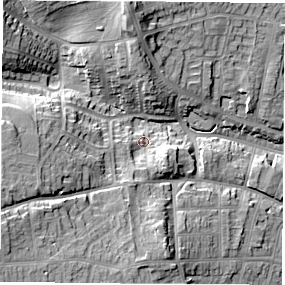 Shaded relief map of the ground around NG157FE, computed from Environment Agency LiDAR. The ground here sits at about 88 m above sea level and falls 22 m across the surrounding 800 m. Surface water reaching this point runs off ground lying to the south-south-west, 7.5 m higher.