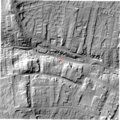 Shaded relief map of the ground around NG157FQ, computed from Environment Agency LiDAR. The ground here sits at about 82 m above sea level and falls 22 m across the surrounding 800 m. Surface water reaching this point runs off ground lying to the north-west, 17.0 m higher.