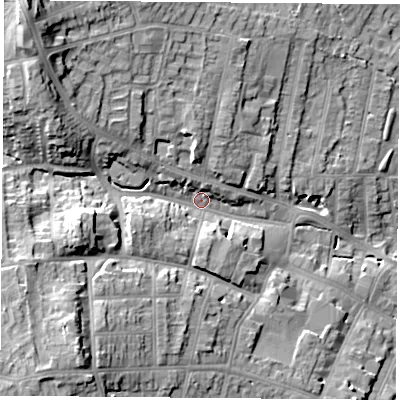 Shaded relief map of the ground around NG157FR, computed from Environment Agency LiDAR. The ground here sits at about 81 m above sea level and falls 23 m across the surrounding 800 m. Surface water reaching this point runs off ground lying to the north-west, 17.2 m higher.