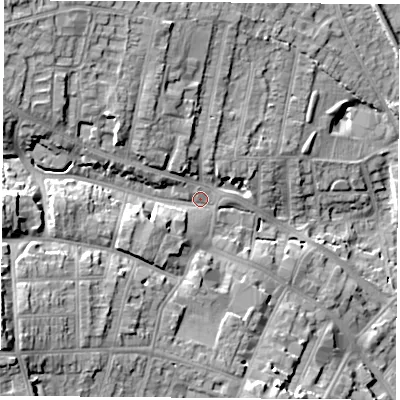 Shaded relief map of the ground around NG157FS, computed from Environment Agency LiDAR. The ground here sits at about 80 m above sea level and falls 25 m across the surrounding 800 m. Surface water reaching this point runs off ground lying to the west, 13.3 m higher.