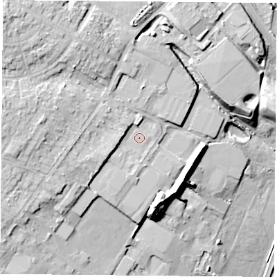 Shaded relief map of the ground around NG157LL, computed from Environment Agency LiDAR. The ground here sits at about 91 m above sea level and falls 21 m across the surrounding 800 m. Surface water reaching this point runs off ground lying to the west-south-west, 4.2 m higher.