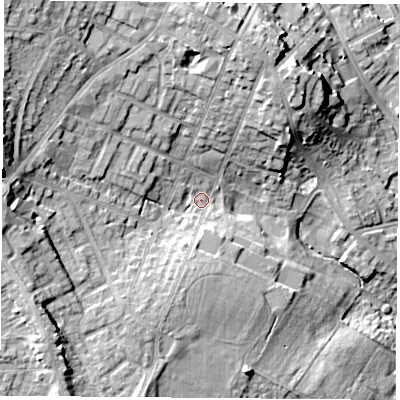 Shaded relief map of the ground around NG157LS, computed from Environment Agency LiDAR. The ground here sits at about 76 m above sea level and falls 21 m across the surrounding 800 m. Surface water reaching this point runs off ground lying to the west, 11.2 m higher.
