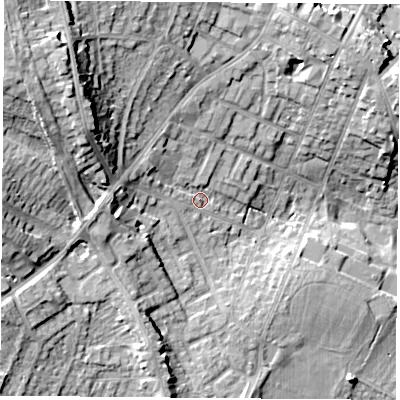 Shaded relief map of the ground around NG157LZ, computed from Environment Agency LiDAR. The ground here sits at about 81 m above sea level and falls 23 m across the surrounding 800 m. Surface water reaching this point runs off ground lying to the west-north-west, 4.1 m higher.