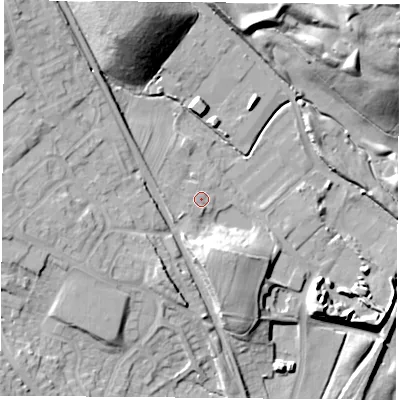 Shaded relief map of the ground around NG157PG, computed from Environment Agency LiDAR. The ground here sits at about 62 m above sea level and falls 29 m across the surrounding 800 m. Surface water reaching this point runs off ground lying to the west, 2.6 m higher.