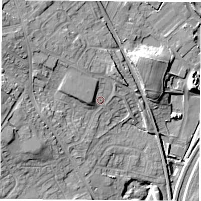 Shaded relief map of the ground around NG157PQ, computed from Environment Agency LiDAR. The ground here sits at about 64 m above sea level and falls 20 m across the surrounding 800 m. Surface water reaching this point runs off ground lying to the north-west, 4.8 m higher.