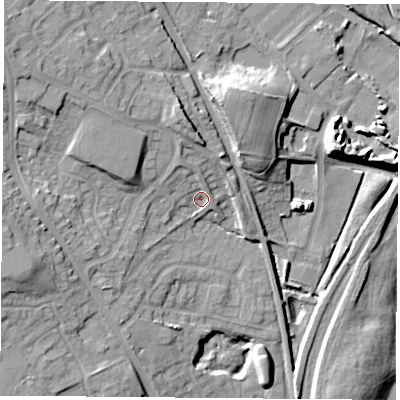 Shaded relief map of the ground around NG157PS, computed from Environment Agency LiDAR. The ground here sits at about 61 m above sea level and falls 18 m across the surrounding 800 m. Surface water reaching this point runs off ground lying to the north-north-west, 3.7 m higher.