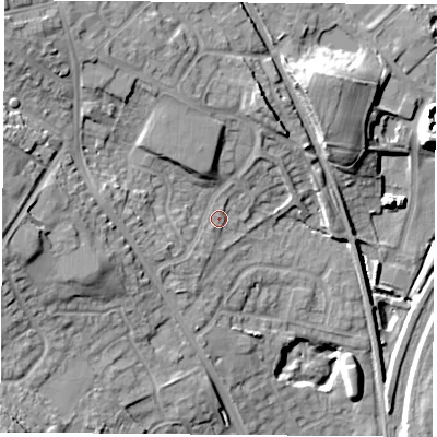 Shaded relief map of the ground around NG157PT, computed from Environment Agency LiDAR. The ground here sits at about 63 m above sea level and falls 21 m across the surrounding 800 m. Surface water reaching this point runs off ground lying to the south-south-west, 2.2 m higher.