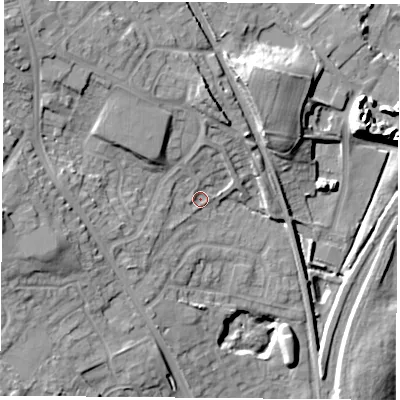 Shaded relief map of the ground around NG157PU, computed from Environment Agency LiDAR. The ground here sits at about 61 m above sea level and falls 19 m across the surrounding 800 m. Surface water reaching this point runs off ground lying to the north-west, 12.2 m higher.