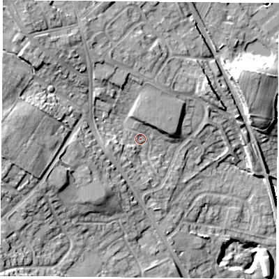 Shaded relief map of the ground around NG157PW, computed from Environment Agency LiDAR. The ground here sits at about 64 m above sea level and falls 24 m across the surrounding 800 m. Surface water reaching this point runs off ground lying to the west, 13.4 m higher.