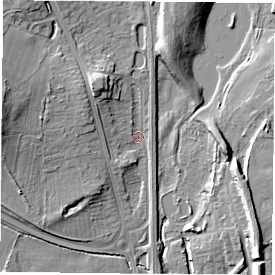 Shaded relief map of the ground around NG157QA, computed from Environment Agency LiDAR. The ground here sits at about 54 m above sea level and falls 19 m across the surrounding 800 m. Surface water reaching this point runs off ground lying to the west-north-west, 14.1 m higher.