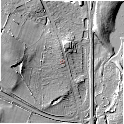 Shaded relief map of the ground around NG157QD, computed from Environment Agency LiDAR. The ground here sits at about 60 m above sea level and falls 24 m across the surrounding 800 m. Surface water reaching this point runs off ground lying to the north-north-west, 3.3 m higher.