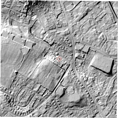 Shaded relief map of the ground around NG157QJ, computed from Environment Agency LiDAR. The ground here sits at about 70 m above sea level and falls 21 m across the surrounding 800 m. Surface water reaching this point runs off ground lying to the north-north-west, 14.8 m higher.