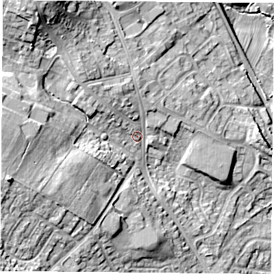 Shaded relief map of the ground around NG157QL, computed from Environment Agency LiDAR. The ground here sits at about 68 m above sea level and falls 24 m across the surrounding 800 m. Surface water reaching this point runs off ground lying to the north-west, 15.9 m higher.