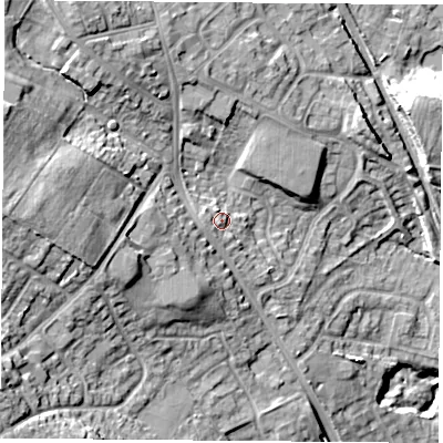 Shaded relief map of the ground around NG157QN, computed from Environment Agency LiDAR. The ground here sits at about 66 m above sea level and falls 25 m across the surrounding 800 m. Surface water reaching this point runs off ground lying to the south-west, 1.7 m higher.