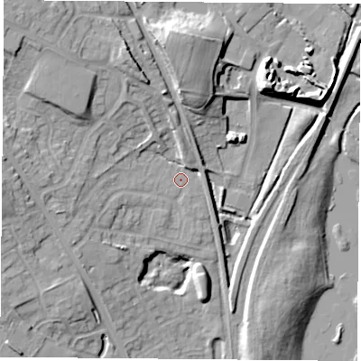 Shaded relief map of the ground around NG157QP, computed from Environment Agency LiDAR. The ground here sits at about 59 m above sea level and falls 18 m across the surrounding 800 m. Surface water reaching this point runs off ground lying to the north, 13.5 m higher.