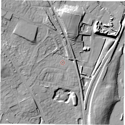 Shaded relief map of the ground around NG157QQ, computed from Environment Agency LiDAR. The ground here sits at about 59 m above sea level and falls 18 m across the surrounding 800 m. Surface water reaching this point runs off ground lying to the north-west, 10.6 m higher.