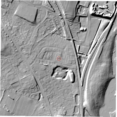 Shaded relief map of the ground around NG157QR, computed from Environment Agency LiDAR. The ground here sits at about 59 m above sea level and falls 21 m across the surrounding 800 m. Surface water reaching this point runs off ground lying to the west, 5.2 m higher.