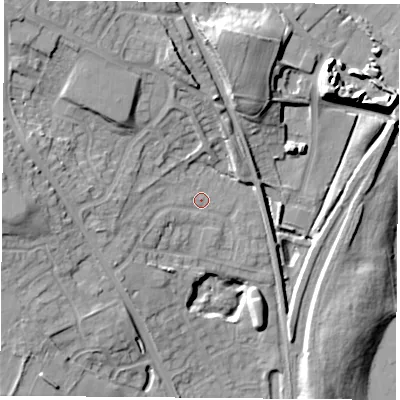 Shaded relief map of the ground around NG157QS, computed from Environment Agency LiDAR. The ground here sits at about 60 m above sea level and falls 18 m across the surrounding 800 m. Surface water reaching this point runs off ground lying to the west, 6.2 m higher.