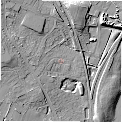 Shaded relief map of the ground around NG157QT, computed from Environment Agency LiDAR. The ground here sits at about 60 m above sea level and falls 21 m across the surrounding 800 m. Surface water reaching this point runs off ground lying to the west-north-west, 6.2 m higher.