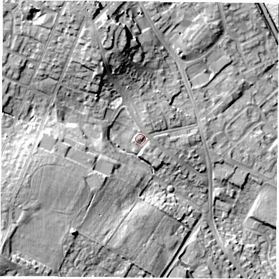 Shaded relief map of the ground around NG157RG, computed from Environment Agency LiDAR. The ground here sits at about 73 m above sea level and falls 22 m across the surrounding 800 m. Surface water reaching this point runs off ground lying to the north-north-west, 9.6 m higher.
