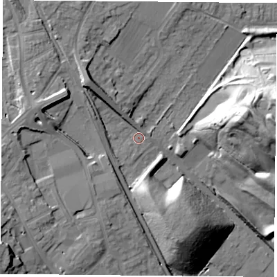 Shaded relief map of the ground around NG157SH, computed from Environment Agency LiDAR. The ground here sits at about 69 m above sea level and falls 31 m across the surrounding 800 m. Surface water reaching this point runs off ground lying to the west-north-west, 10.9 m higher.