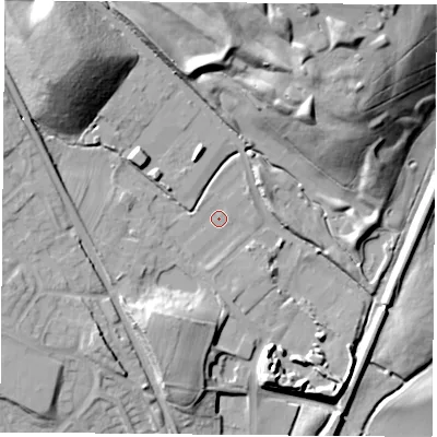 Shaded relief map of the ground around NG157SZ, computed from Environment Agency LiDAR. The ground here sits at about 60 m above sea level and falls 31 m across the surrounding 800 m. Surface water reaching this point runs off ground lying to the north-west, 22.6 m higher.