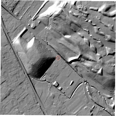 Shaded relief map of the ground around NG157TA, computed from Environment Agency LiDAR. The ground here sits at about 63 m above sea level and falls 35 m across the surrounding 800 m. Surface water reaching this point runs off ground lying to the north-north-east, 29.2 m higher.