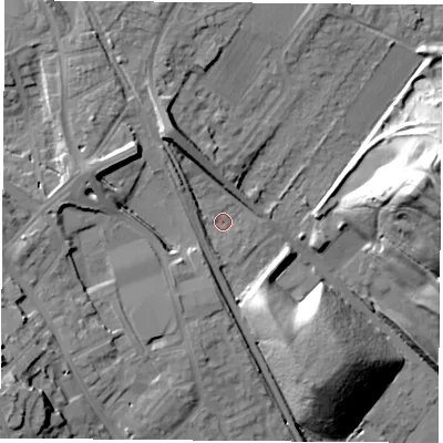 Shaded relief map of the ground around NG157TD, computed from Environment Agency LiDAR. The ground here sits at about 69 m above sea level and falls 30 m across the surrounding 800 m. Surface water reaching this point runs off ground lying to the south-west, 16.8 m higher.