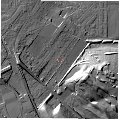 Shaded relief map of the ground around NG157TE, computed from Environment Agency LiDAR. The ground here sits at about 68 m above sea level and falls 29 m across the surrounding 800 m. Surface water reaching this point runs off ground lying to the north, 4.7 m higher.