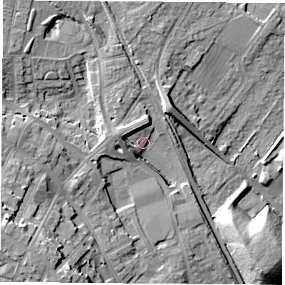 Shaded relief map of the ground around NG157TP, computed from Environment Agency LiDAR. The ground here sits at about 73 m above sea level and falls 21 m across the surrounding 800 m. Surface water reaching this point runs off ground lying to the west-south-west, 18.5 m higher.