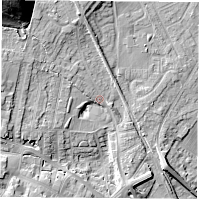 Shaded relief map of the ground around NG157TX, computed from Environment Agency LiDAR. The ground here sits at about 77 m above sea level and falls 32 m across the surrounding 800 m. Surface water reaching this point runs off ground lying to the south-west, 12.7 m higher.