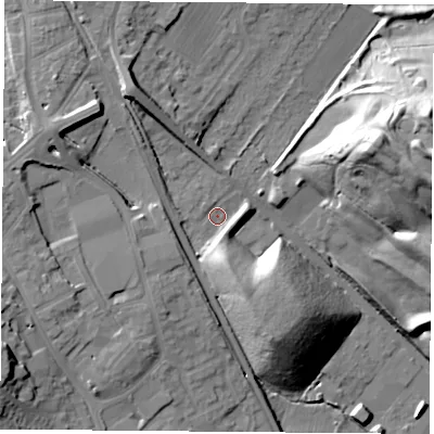 Shaded relief map of the ground around NG157UB, computed from Environment Agency LiDAR. The ground here sits at about 68 m above sea level and falls 32 m across the surrounding 800 m. Surface water reaching this point runs off ground lying to the south, 10.3 m higher.