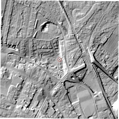 Shaded relief map of the ground around NG157UG, computed from Environment Agency LiDAR. The ground here sits at about 73 m above sea level and falls 19 m across the surrounding 800 m. Surface water reaching this point runs off ground lying to the west-south-west, 5.1 m higher.