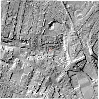 Shaded relief map of the ground around NG157UH, computed from Environment Agency LiDAR. The ground here sits at about 74 m above sea level and falls 20 m across the surrounding 800 m. Surface water reaching this point runs off ground lying to the west-south-west, 15.4 m higher.