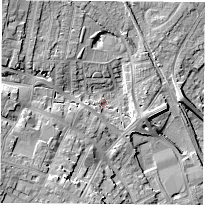 Shaded relief map of the ground around NG157UJ, computed from Environment Agency LiDAR. The ground here sits at about 75 m above sea level and falls 18 m across the surrounding 800 m. Surface water reaching this point runs off ground lying to the south-west, 5.1 m higher.