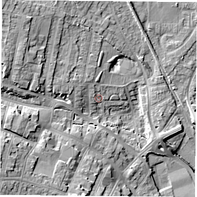 Shaded relief map of the ground around NG157UL, computed from Environment Agency LiDAR. The ground here sits at about 77 m above sea level and falls 21 m across the surrounding 800 m. Surface water reaching this point runs off ground lying to the north-west, 3.5 m higher.