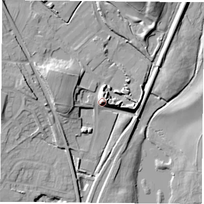 Shaded relief map of the ground around NG157WE, computed from Environment Agency LiDAR. The ground here sits at about 67 m above sea level and falls 18 m across the surrounding 800 m. Surface water reaching this point runs off ground lying to the east-north-east, 8.9 m higher.